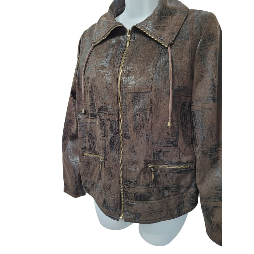 Multiples Moto Jacket Women S Full Zip Pockets Distressed Look Brown Crop‎